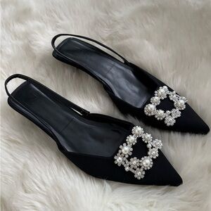 ZARA Black Slingback Kitten Heels Pearl Rhinestones Wedding Work Party 40 9.5 10